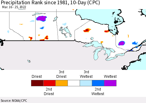 Canada Precipitation Rank since 1981, 10-Day (CPC) Thematic Map For 3/16/2022 - 3/25/2022