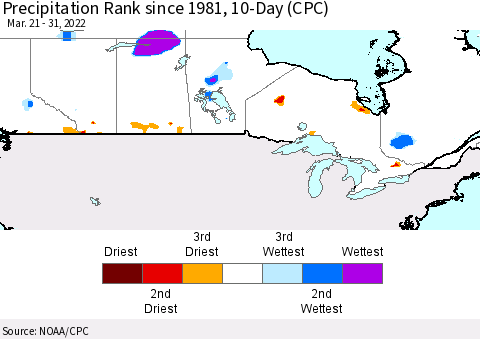 Canada Precipitation Rank since 1981, 10-Day (CPC) Thematic Map For 3/21/2022 - 3/31/2022