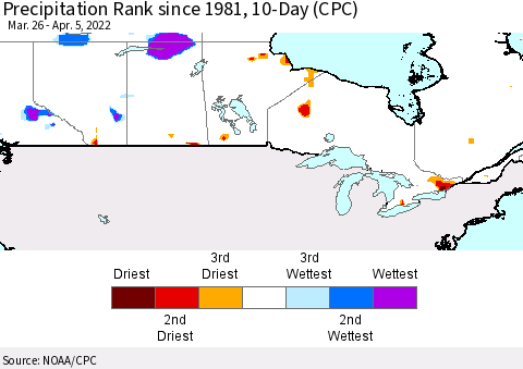 Canada Precipitation Rank since 1981, 10-Day (CPC) Thematic Map For 3/26/2022 - 4/5/2022