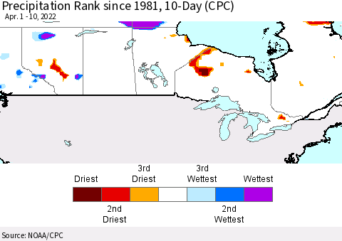 Canada Precipitation Rank since 1981, 10-Day (CPC) Thematic Map For 4/1/2022 - 4/10/2022
