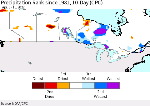 Canada Precipitation Rank since 1981, 10-Day (CPC) Thematic Map For 4/6/2022 - 4/15/2022