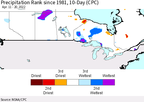 Canada Precipitation Rank since 1981, 10-Day (CPC) Thematic Map For 4/11/2022 - 4/20/2022