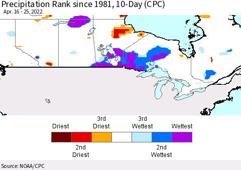 Canada Precipitation Rank since 1981, 10-Day (CPC) Thematic Map For 4/16/2022 - 4/25/2022