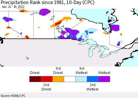 Canada Precipitation Rank since 1981, 10-Day (CPC) Thematic Map For 4/21/2022 - 4/30/2022