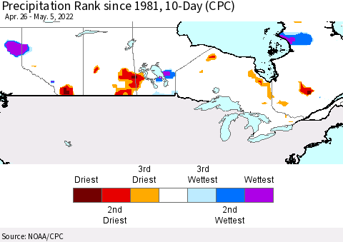 Canada Precipitation Rank since 1981, 10-Day (CPC) Thematic Map For 4/26/2022 - 5/5/2022