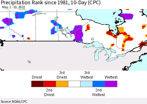 Canada Precipitation Rank since 1981, 10-Day (CPC) Thematic Map For 5/1/2022 - 5/10/2022