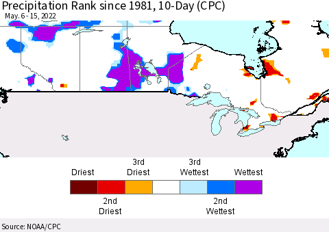 Canada Precipitation Rank since 1981, 10-Day (CPC) Thematic Map For 5/6/2022 - 5/15/2022