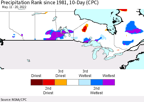 Canada Precipitation Rank since 1981, 10-Day (CPC) Thematic Map For 5/11/2022 - 5/20/2022