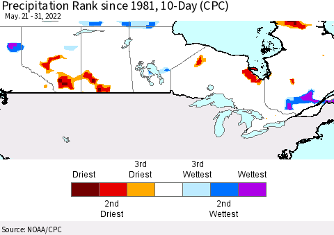Canada Precipitation Rank since 1981, 10-Day (CPC) Thematic Map For 5/21/2022 - 5/31/2022