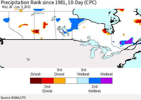 Canada Precipitation Rank since 1981, 10-Day (CPC) Thematic Map For 5/26/2022 - 6/5/2022