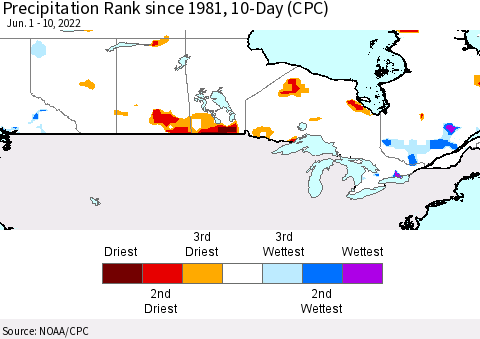 Canada Precipitation Rank since 1981, 10-Day (CPC) Thematic Map For 6/1/2022 - 6/10/2022