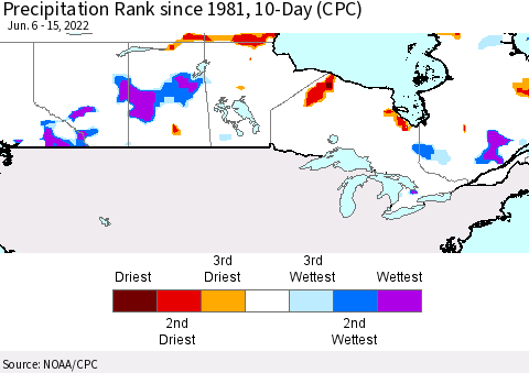 Canada Precipitation Rank since 1981, 10-Day (CPC) Thematic Map For 6/6/2022 - 6/15/2022