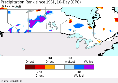 Canada Precipitation Rank since 1981, 10-Day (CPC) Thematic Map For 6/11/2022 - 6/20/2022