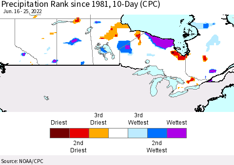 Canada Precipitation Rank since 1981, 10-Day (CPC) Thematic Map For 6/16/2022 - 6/25/2022
