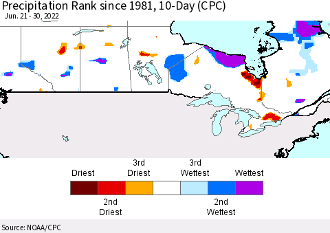 Canada Precipitation Rank since 1981, 10-Day (CPC) Thematic Map For 6/21/2022 - 6/30/2022