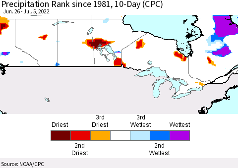 Canada Precipitation Rank since 1981, 10-Day (CPC) Thematic Map For 6/26/2022 - 7/5/2022