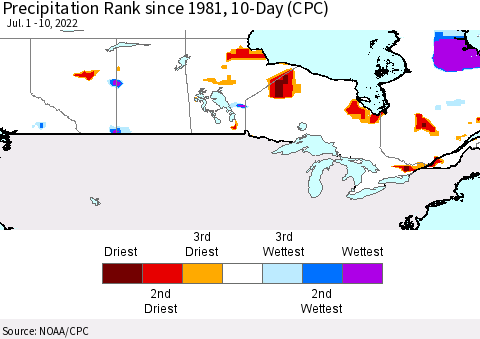 Canada Precipitation Rank since 1981, 10-Day (CPC) Thematic Map For 7/1/2022 - 7/10/2022
