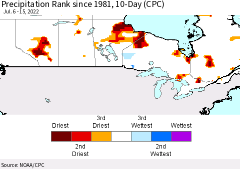 Canada Precipitation Rank since 1981, 10-Day (CPC) Thematic Map For 7/6/2022 - 7/15/2022
