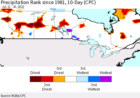 Canada Precipitation Rank since 1981, 10-Day (CPC) Thematic Map For 7/11/2022 - 7/20/2022