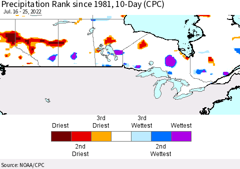 Canada Precipitation Rank since 1981, 10-Day (CPC) Thematic Map For 7/16/2022 - 7/25/2022