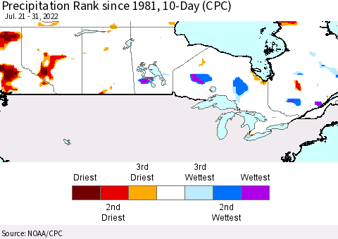 Canada Precipitation Rank since 1981, 10-Day (CPC) Thematic Map For 7/21/2022 - 7/31/2022