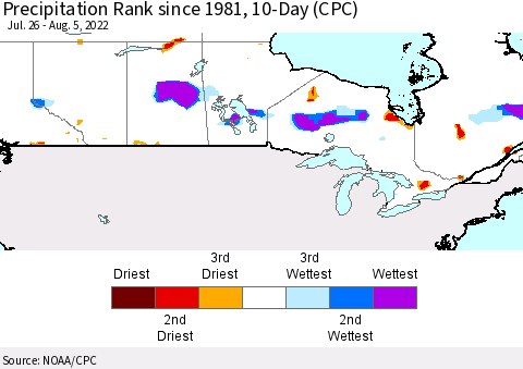 Canada Precipitation Rank since 1981, 10-Day (CPC) Thematic Map For 7/26/2022 - 8/5/2022