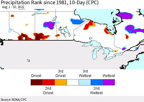 Canada Precipitation Rank since 1981, 10-Day (CPC) Thematic Map For 8/1/2022 - 8/10/2022