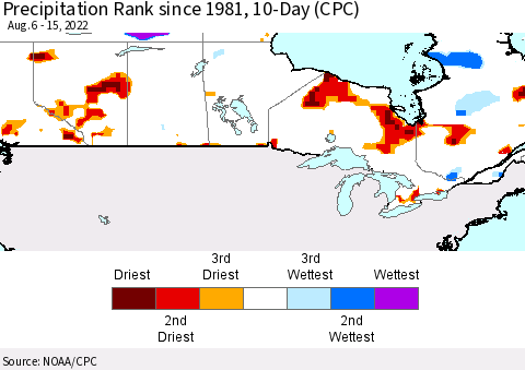 Canada Precipitation Rank since 1981, 10-Day (CPC) Thematic Map For 8/6/2022 - 8/15/2022