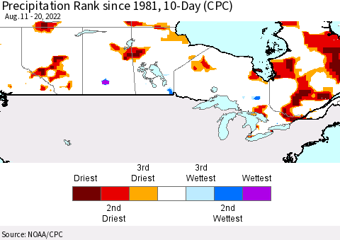 Canada Precipitation Rank since 1981, 10-Day (CPC) Thematic Map For 8/11/2022 - 8/20/2022