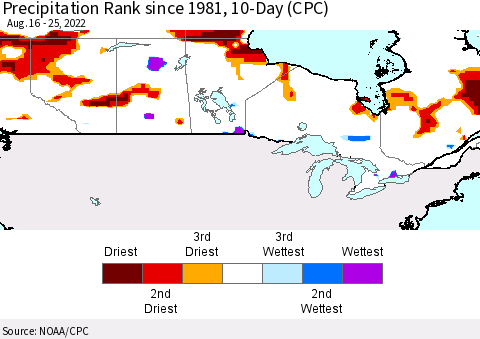 Canada Precipitation Rank since 1981, 10-Day (CPC) Thematic Map For 8/16/2022 - 8/25/2022