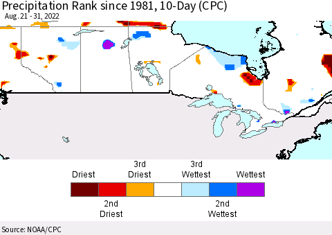 Canada Precipitation Rank since 1981, 10-Day (CPC) Thematic Map For 8/21/2022 - 8/31/2022