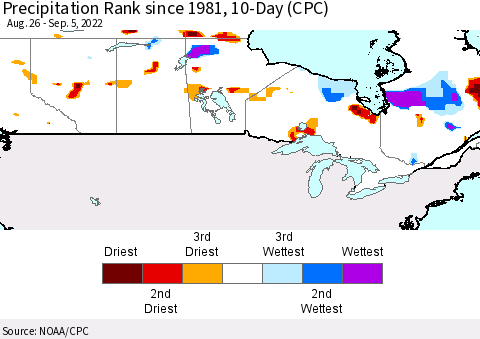 Canada Precipitation Rank since 1981, 10-Day (CPC) Thematic Map For 8/26/2022 - 9/5/2022