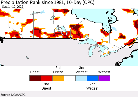 Canada Precipitation Rank since 1981, 10-Day (CPC) Thematic Map For 9/1/2022 - 9/10/2022