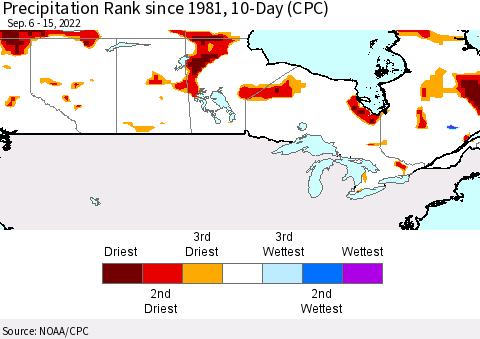 Canada Precipitation Rank since 1981, 10-Day (CPC) Thematic Map For 9/6/2022 - 9/15/2022