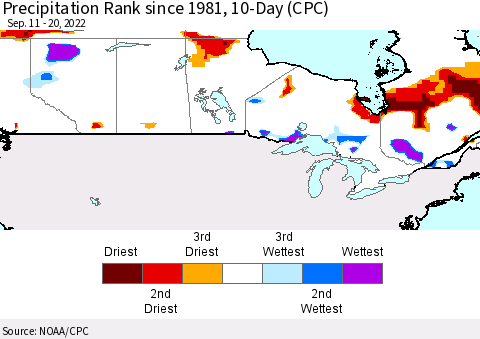 Canada Precipitation Rank since 1981, 10-Day (CPC) Thematic Map For 9/11/2022 - 9/20/2022