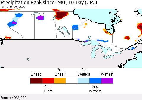 Canada Precipitation Rank since 1981, 10-Day (CPC) Thematic Map For 9/16/2022 - 9/25/2022
