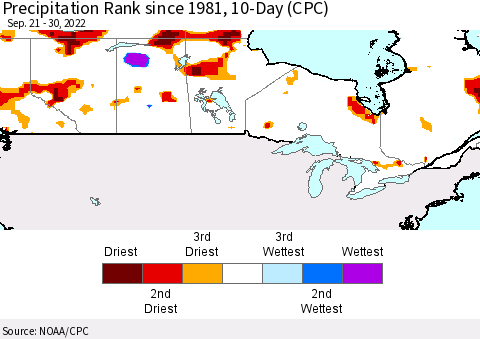 Canada Precipitation Rank since 1981, 10-Day (CPC) Thematic Map For 9/21/2022 - 9/30/2022