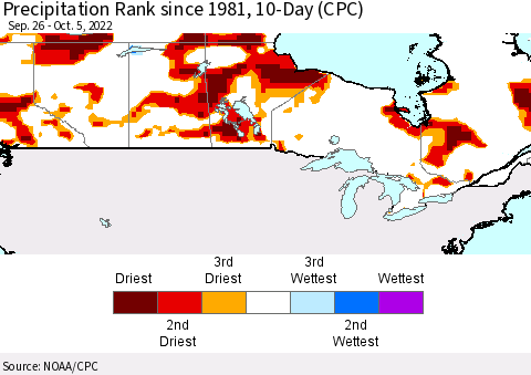 Canada Precipitation Rank since 1981, 10-Day (CPC) Thematic Map For 9/26/2022 - 10/5/2022
