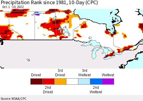Canada Precipitation Rank since 1981, 10-Day (CPC) Thematic Map For 10/1/2022 - 10/10/2022