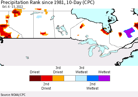 Canada Precipitation Rank since 1981, 10-Day (CPC) Thematic Map For 10/6/2022 - 10/15/2022