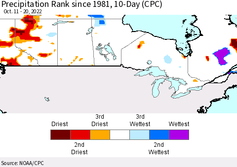 Canada Precipitation Rank since 1981, 10-Day (CPC) Thematic Map For 10/11/2022 - 10/20/2022