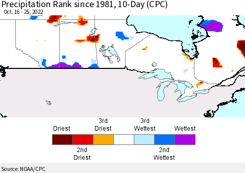 Canada Precipitation Rank since 1981, 10-Day (CPC) Thematic Map For 10/16/2022 - 10/25/2022