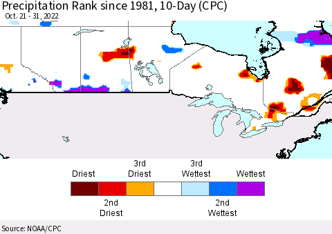 Canada Precipitation Rank since 1981, 10-Day (CPC) Thematic Map For 10/21/2022 - 10/31/2022