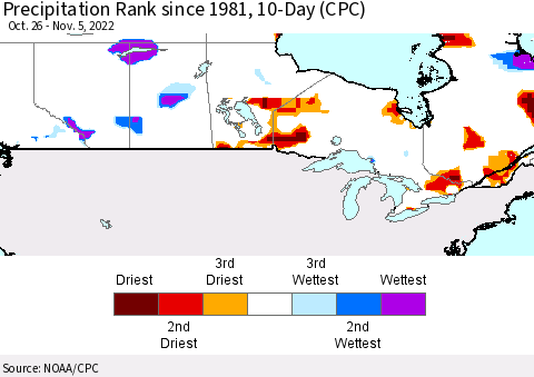 Canada Precipitation Rank since 1981, 10-Day (CPC) Thematic Map For 10/26/2022 - 11/5/2022