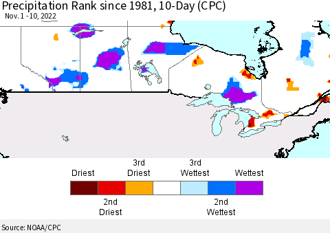 Canada Precipitation Rank since 1981, 10-Day (CPC) Thematic Map For 11/1/2022 - 11/10/2022