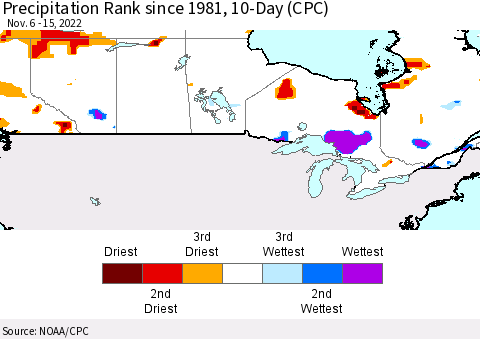 Canada Precipitation Rank since 1981, 10-Day (CPC) Thematic Map For 11/6/2022 - 11/15/2022
