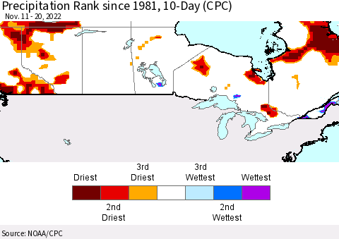 Canada Precipitation Rank since 1981, 10-Day (CPC) Thematic Map For 11/11/2022 - 11/20/2022