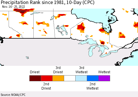 Canada Precipitation Rank since 1981, 10-Day (CPC) Thematic Map For 11/16/2022 - 11/25/2022