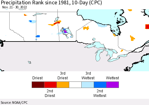 Canada Precipitation Rank since 1981, 10-Day (CPC) Thematic Map For 11/21/2022 - 11/30/2022
