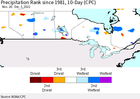 Canada Precipitation Rank since 1981, 10-Day (CPC) Thematic Map For 11/26/2022 - 12/5/2022